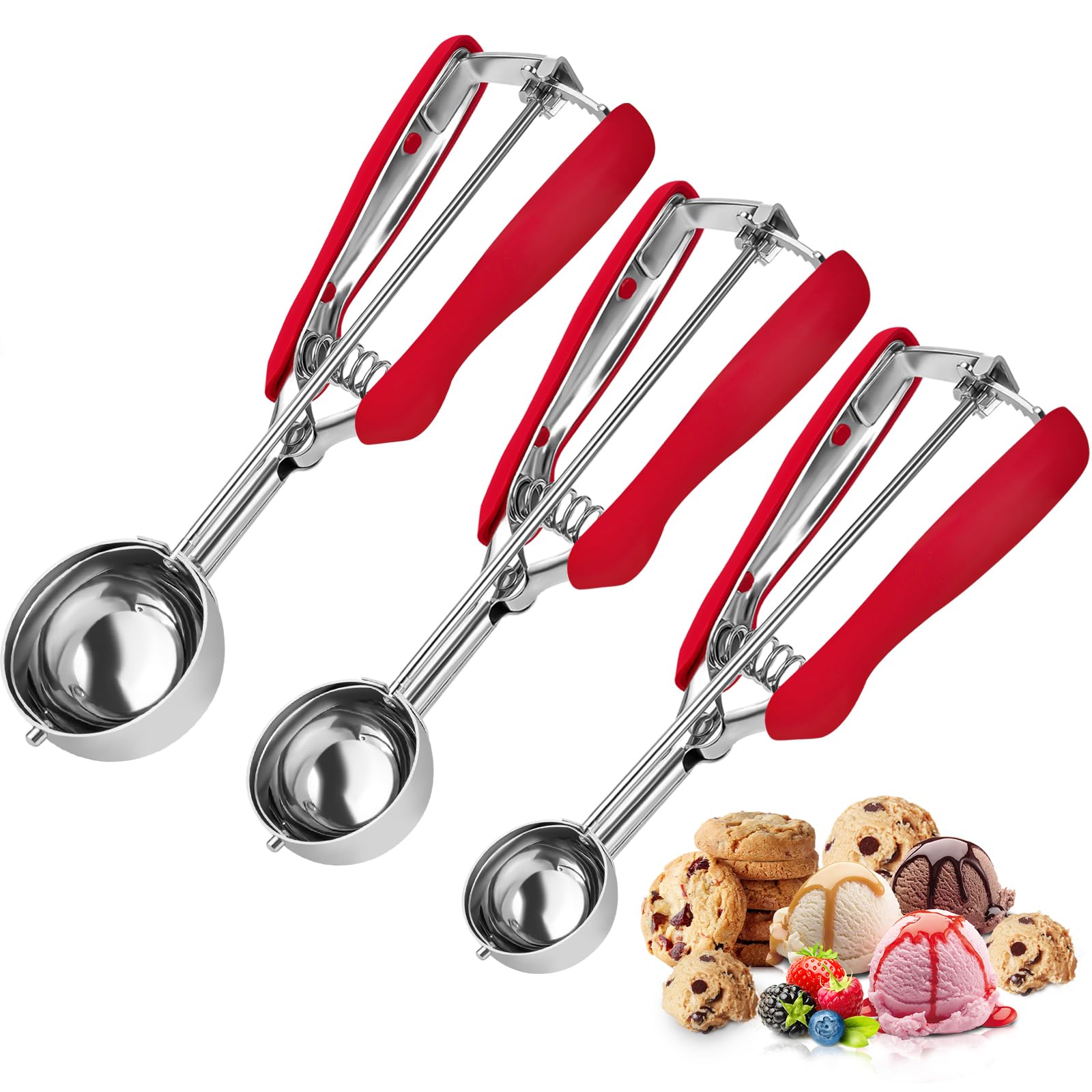 SPEENSUN 3-Piece Stainless Steel Cookie Scoop Set with Red Grips
